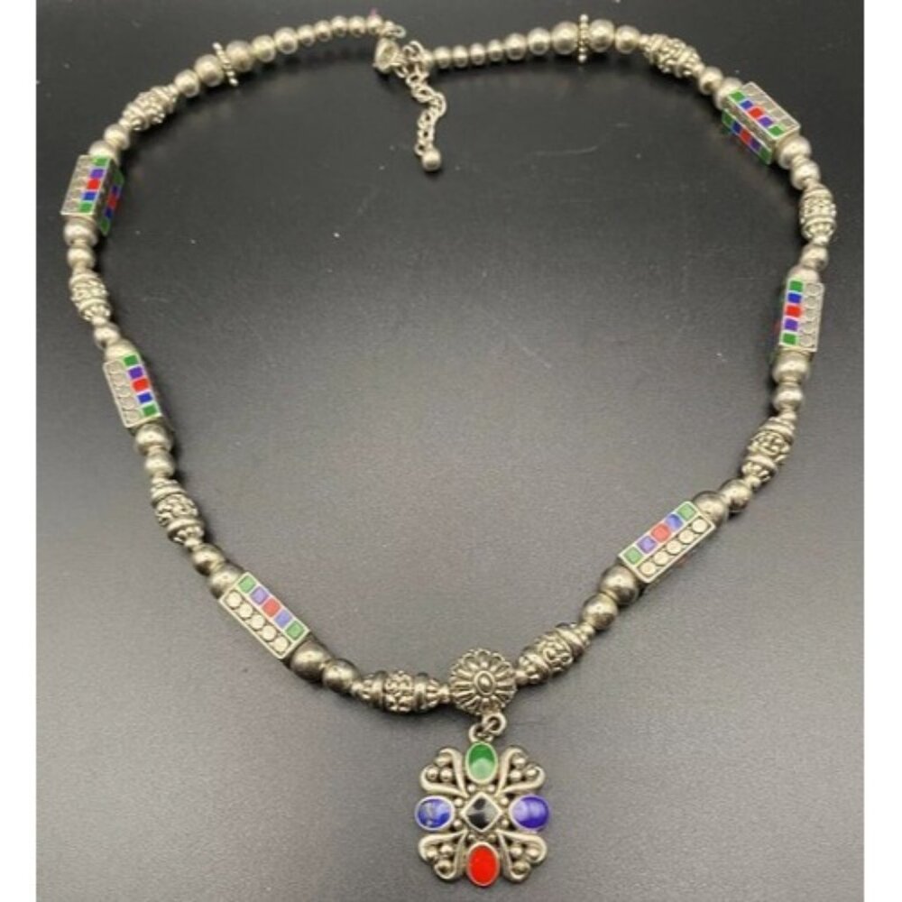 Boho Silver Tone Multi Color Cabochon Necklace Dangle Earring Set Tribal Style - Picture 4 of 10